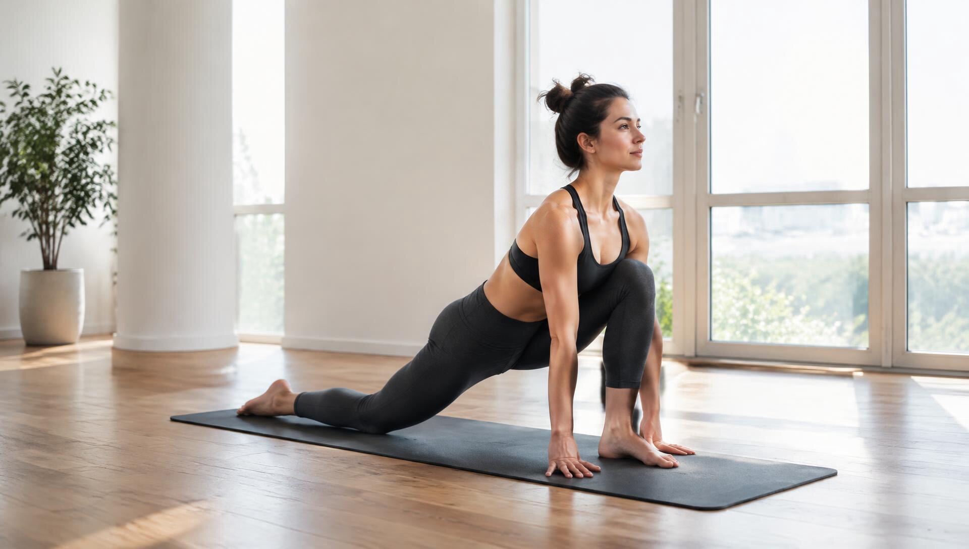 Woman practicing a low lunge on a yoga mat in a bright studio